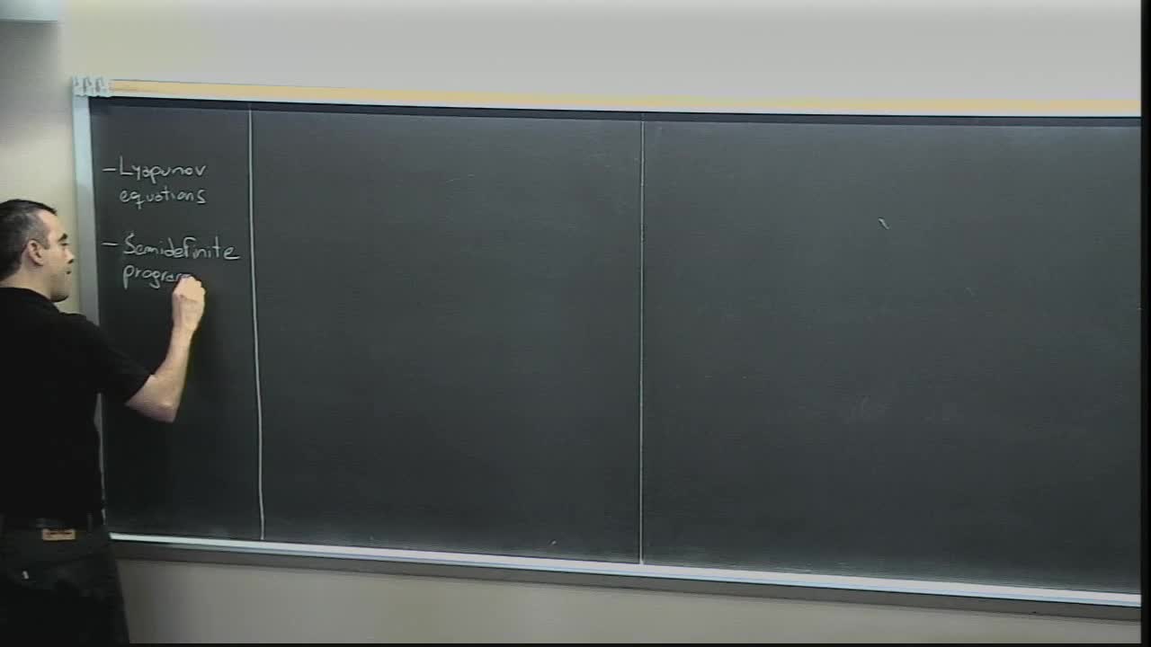 Lyapunov equations and inequalities. Duality in convex optimization and systems theory. Linear matrix inequalities (LMIs). S-Procedure and applications (ellipsoid containment, etc.). Thumbnail